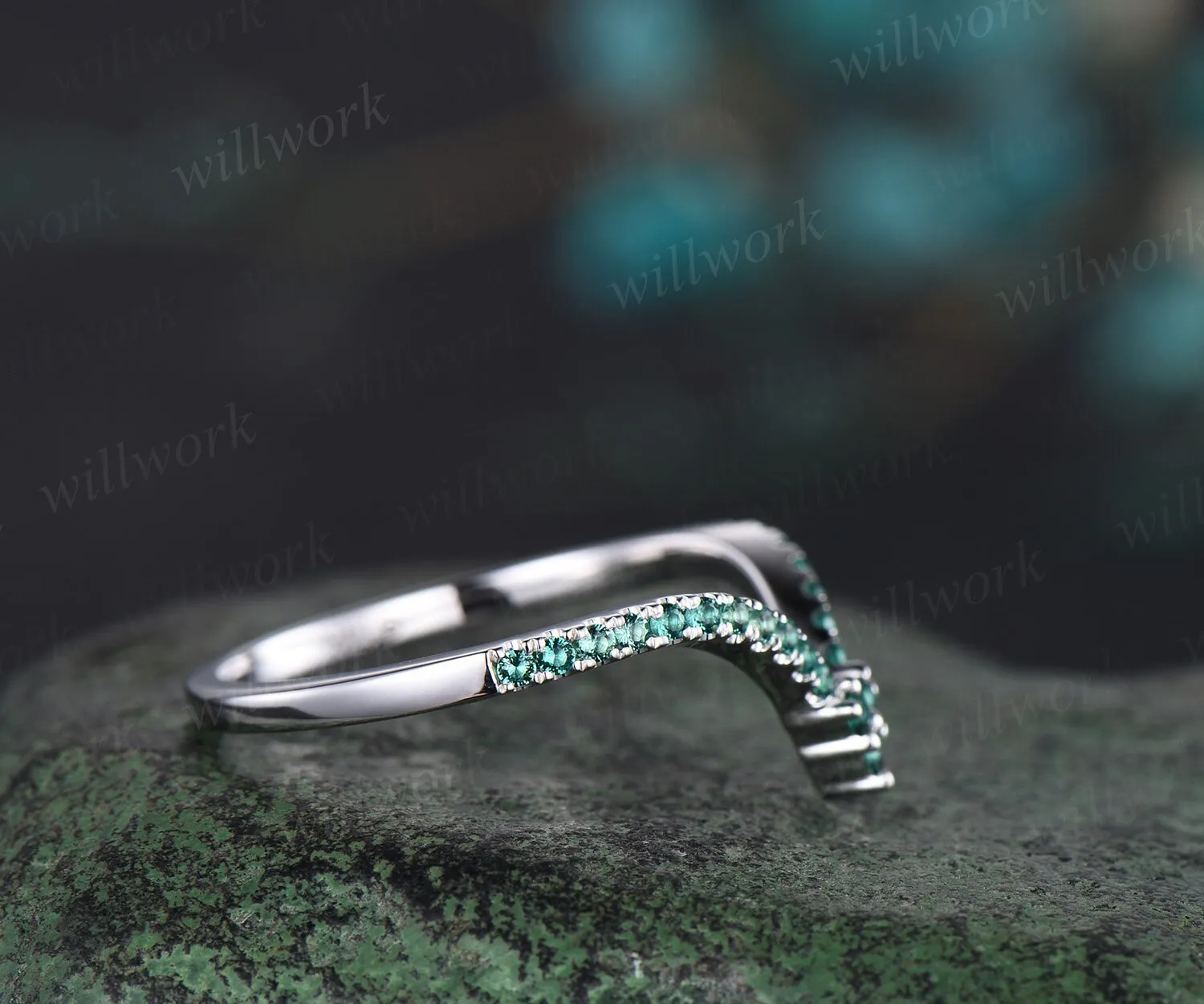 Curved V shaped emerald wedding band solid 14k white gold stacking half eternity anniversary ring women gift sold by Willwork Jewelry product image thumbnail 4