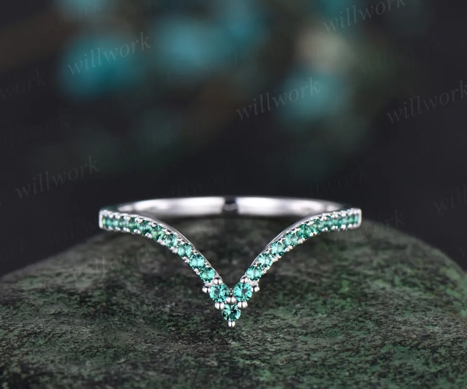 Curved V shaped emerald wedding band solid 14k white gold stacking half eternity anniversary ring women gift sold by Willwork Jewelry