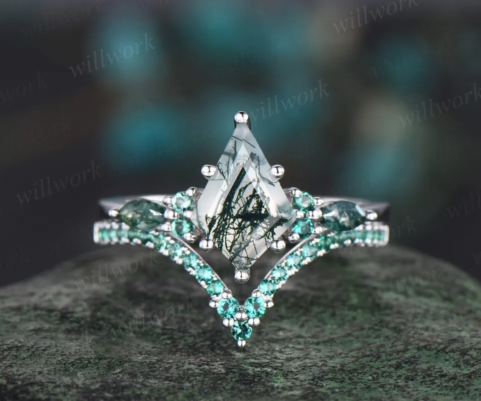 Kite cut moss agate ring vintage white gold 6 prong unique engagement ring curved emerald ring women promise ring her gift sold by Willwork Jewelry