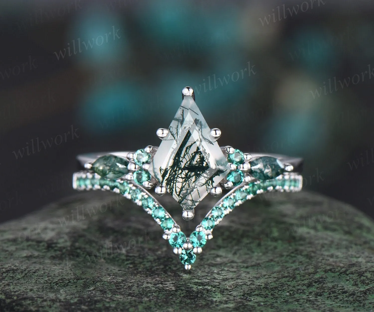 Kite cut moss agate ring vintage white gold 6 prong unique engagement ring curved emerald ring women promise ring her gift sold by Willwork Jewelry