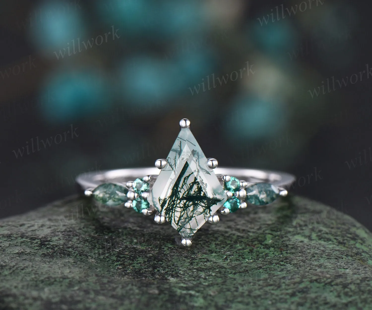 Kite cut moss agate ring vintage white gold 6 prong unique engagement ring curved emerald ring women promise ring her gift sold by Willwork Jewelry product image thumbnail 4