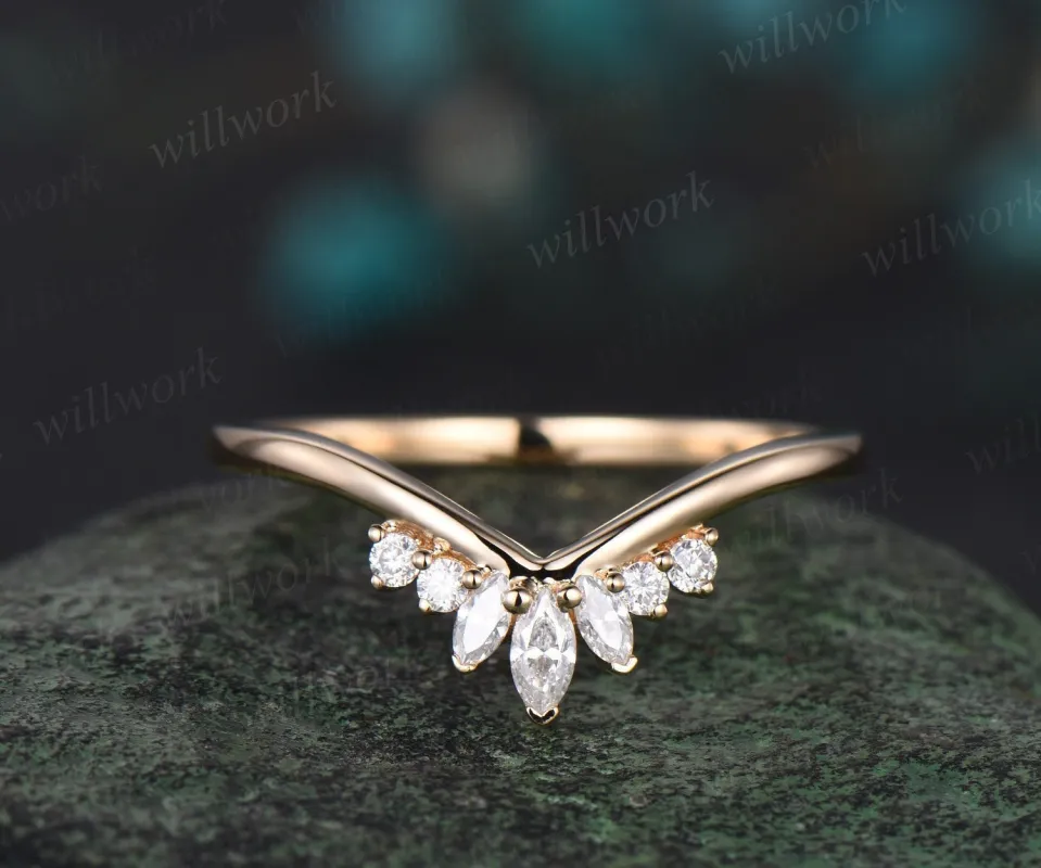 Curved V shaped marquise cut diamond wedding band solid 14k yellow gold stacking moissanite bridal anniversary ring women gift sold by Willwork Jewelry
