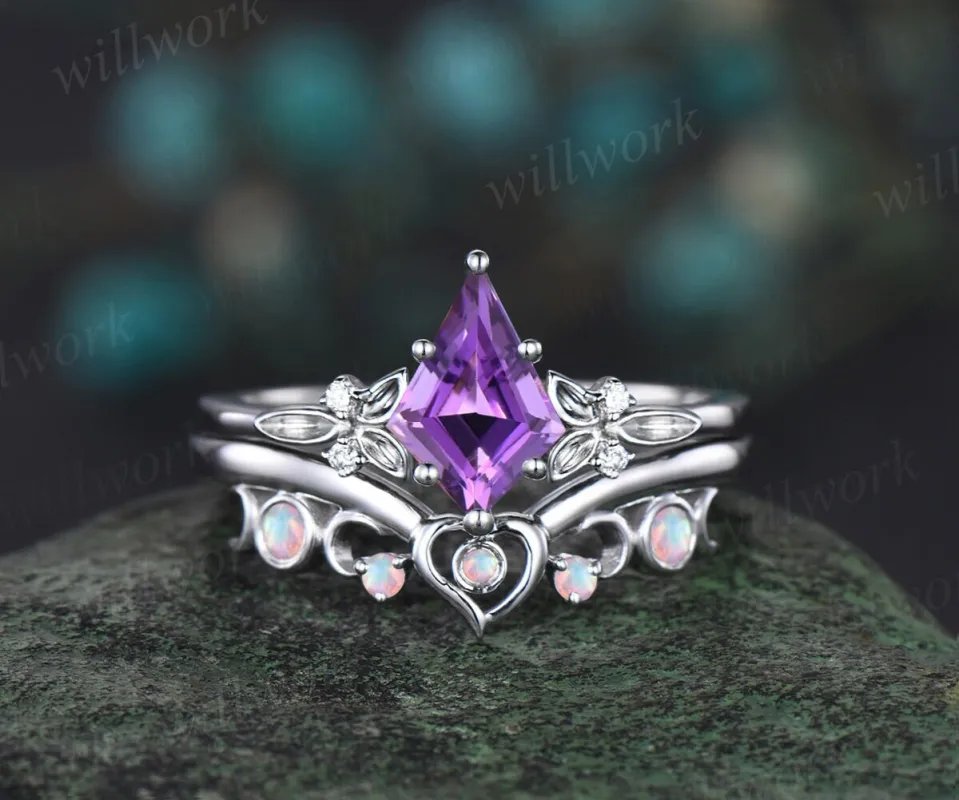Kite cut purple amethyst engagement ring solid 14k white gold leaf five stone heart moon opal ring women unique bridal anniversary ring gift sold by Willwork Jewelry