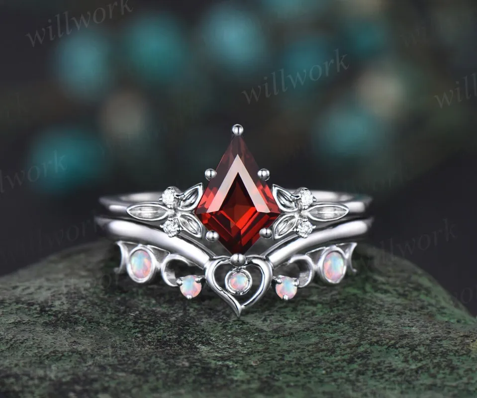 Kite cut red garnet engagement ring solid 14k white gold leaf five stone heart moon opal ring women unique bridal wedding ring jewelry gift sold by Willwork Jewelry