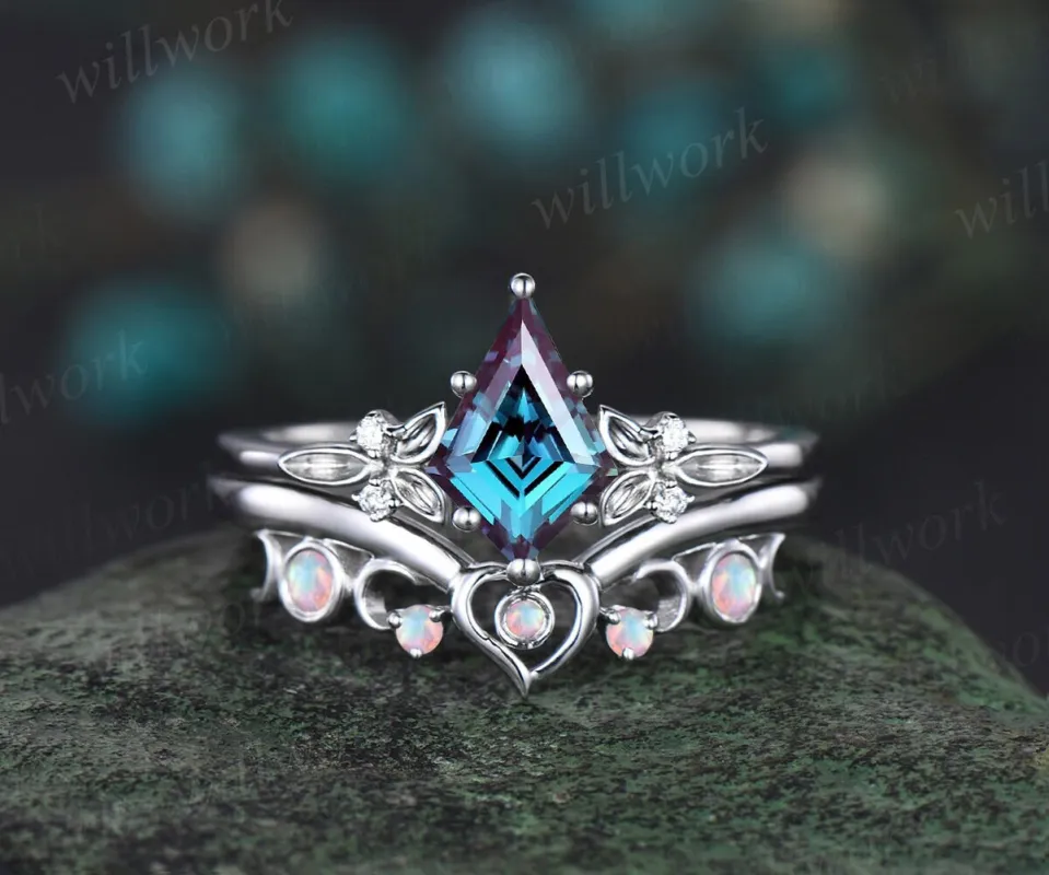 Kite cut alexandrite engagement ring solid 14k white gold leaf five stone heart moon opal ring women unique bridal wedding ring jewelry gift sold by Willwork Jewelry