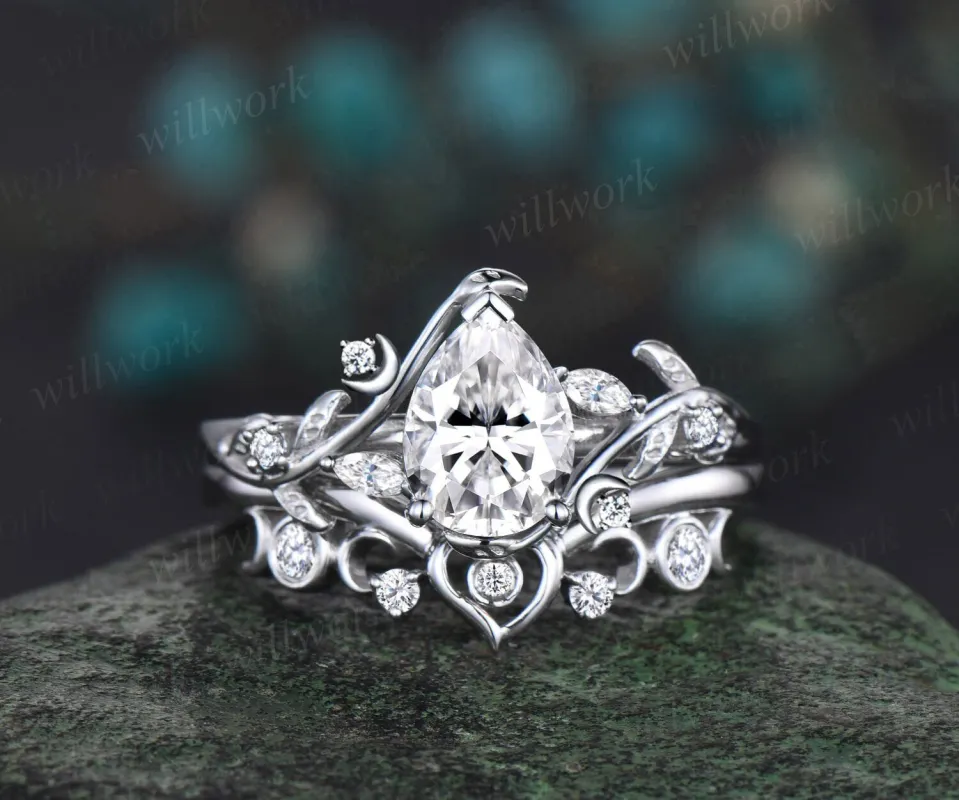Vintage pear shaped moissanite engagement ring white gold heart leaf moon nature inspired diamond bridal wedding ring set women jewelry gift sold by Willwork Jewelry