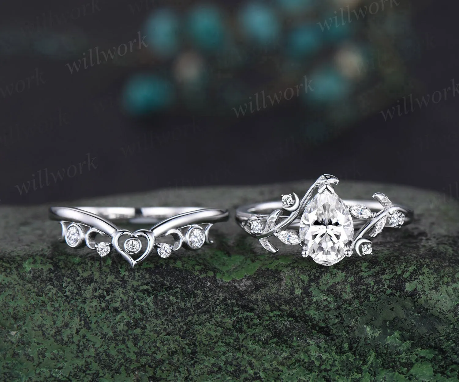 Vintage pear shaped moissanite engagement ring white gold heart leaf moon nature inspired diamond bridal wedding ring set women jewelry gift sold by Willwork Jewelry product image thumbnail 3