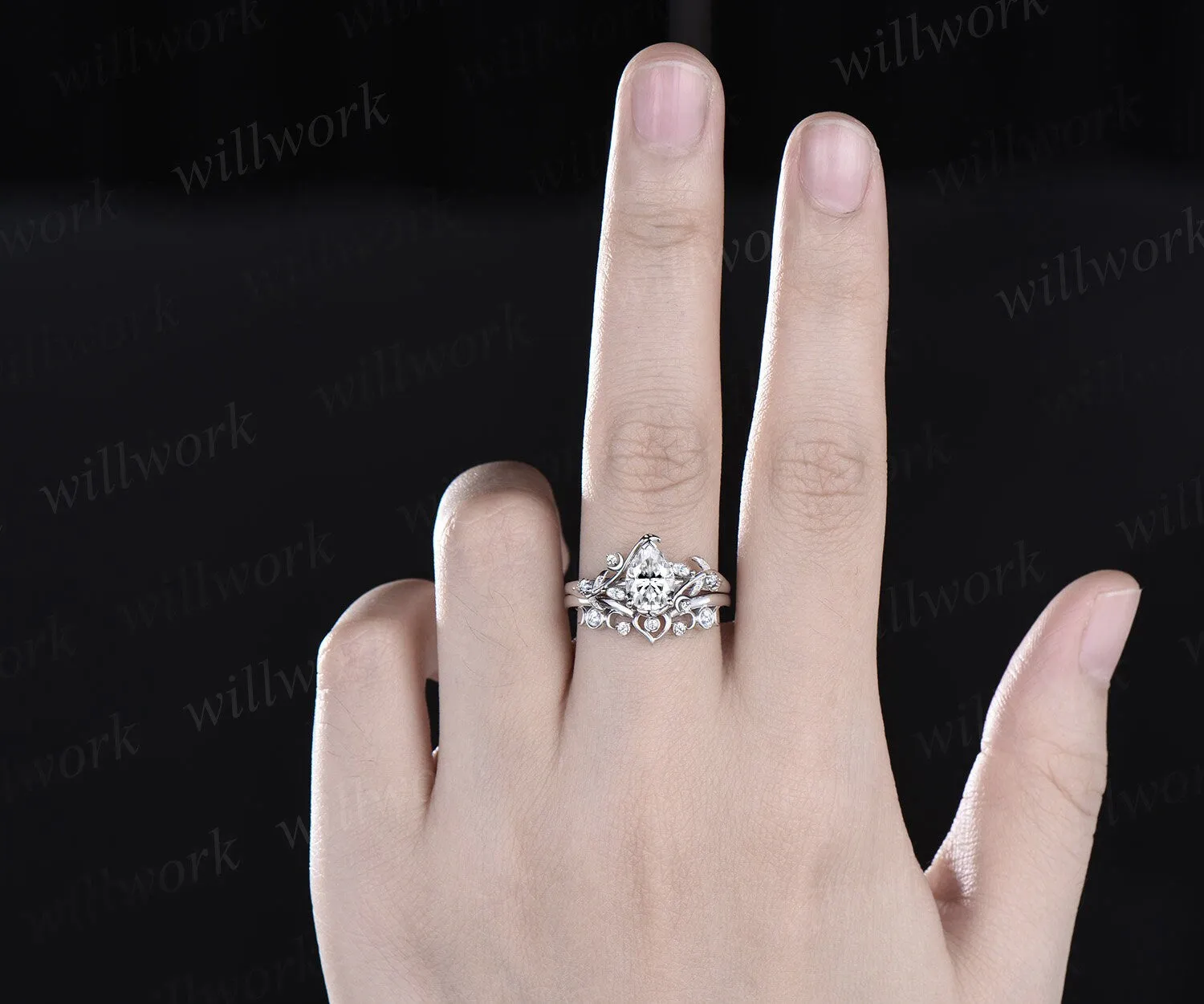 Vintage pear shaped moissanite engagement ring white gold heart leaf moon nature inspired diamond bridal wedding ring set women jewelry gift sold by Willwork Jewelry product image thumbnail 2