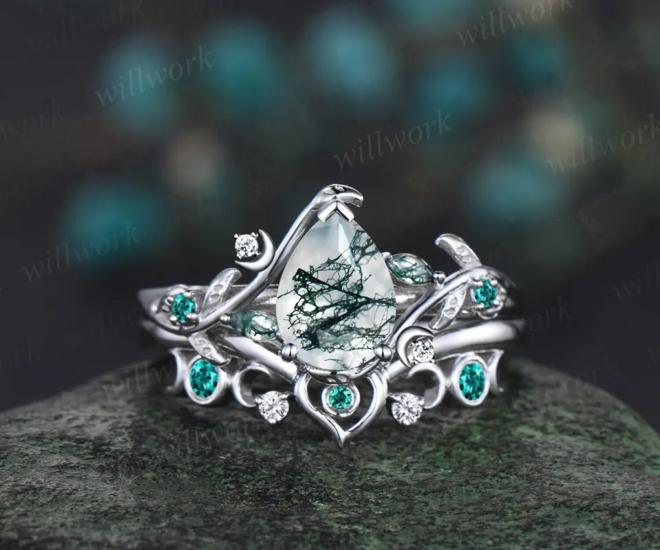 Vintage pear shaped green moss agate engagement ring white gold heart leaf moon nature inspired emerald wedding ring set women jewelry gift sold by Willwork Jewelry