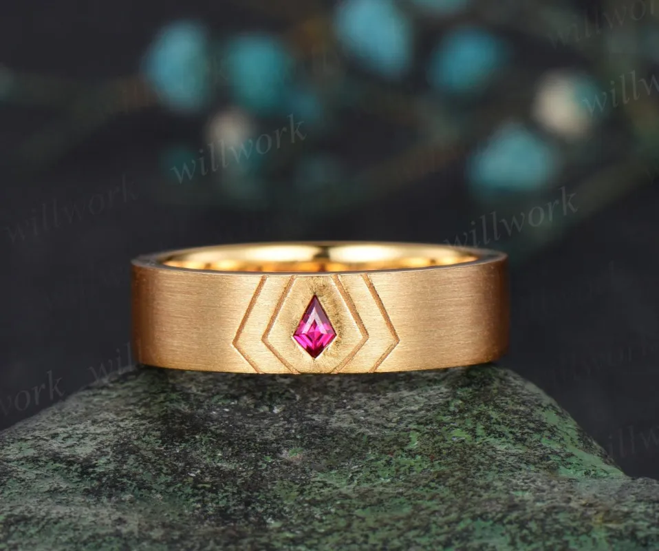 Kite Cut Red Ruby Engagement ring Brushed Rose Gold 10k/14k/18k White Yellow Gold men's ring gift for him anniversary gift made by Willwork Jewelry