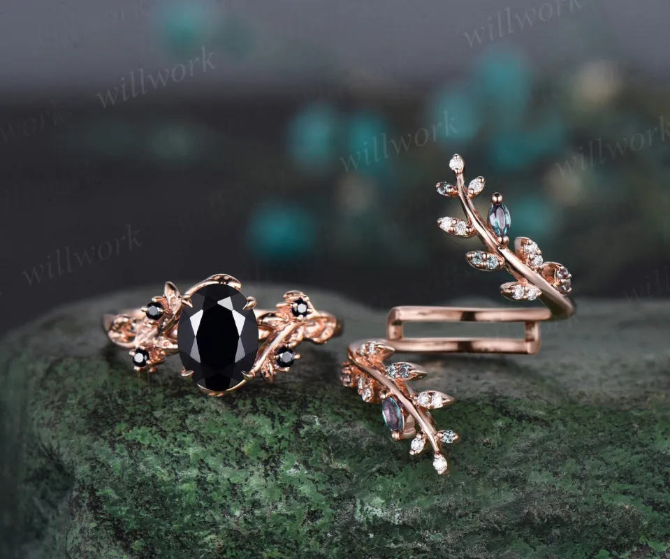 Vintage oval black onyx engagement ring nature inspired leaf alexandrite ring rose gold wedding band enhancer twisted bridal ring set women made by Willwork Jewelry