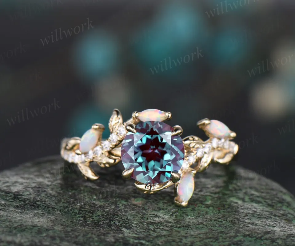 Vintage round alexandrite engagement ring yellow gold leaf nature inspired branch half eternity diamond opal wedding anniversary ring women made by Willwork Jewelry