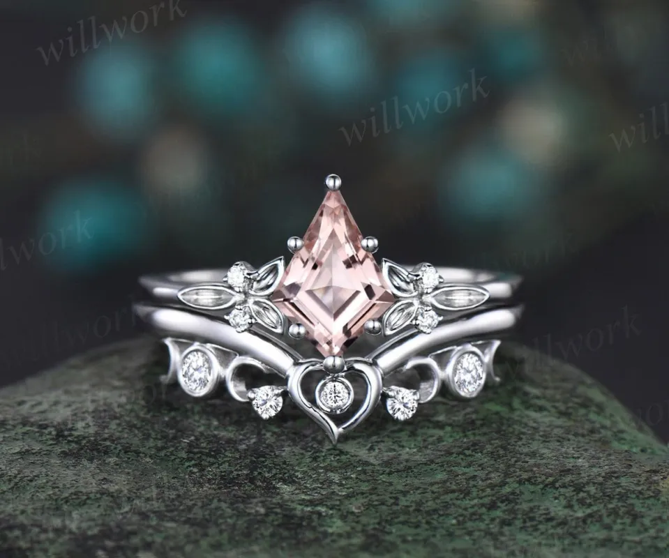 6 prong kite cut morganite engagement ring solid 14k white gold leaf heart moon bezel diamond women unique bridal wedding ring set gift made by Willwork Jewelry