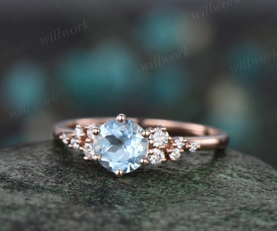 Round cut sky blue topaz ring vintage rose gold 6 prong snowdrift unique engagement ring women dainty diamond wedding anniversary ring gift made by Willwork Jewelry