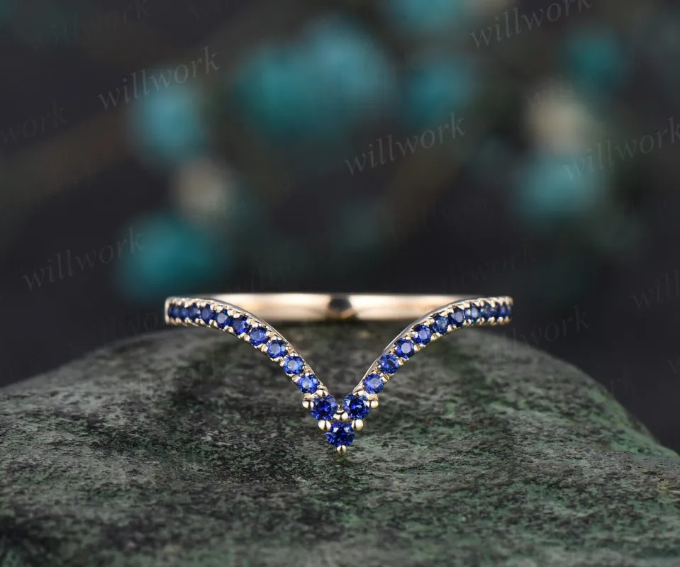 Curved V shaped natural sapphire wedding band solid 14k yellow gold stacking half eternity bridal anniversary ring women gift sold by Willwork Jewelry