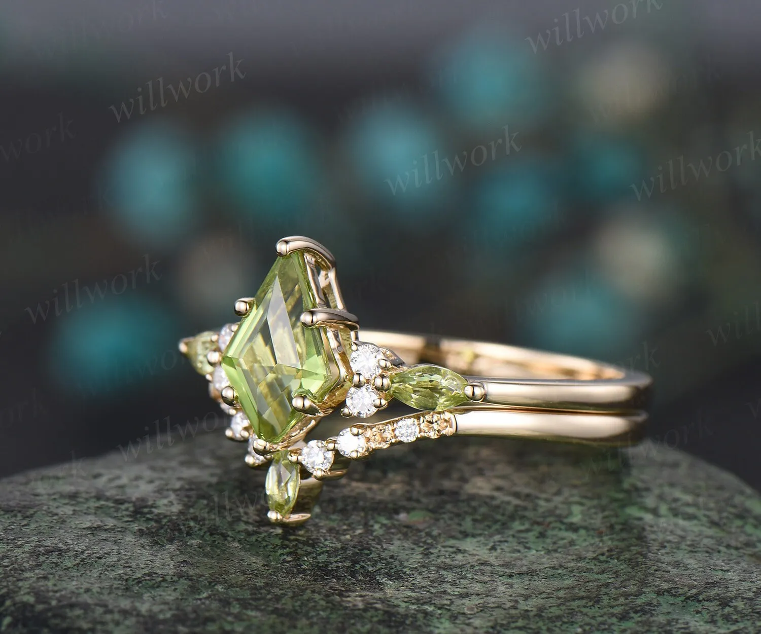 Kite cut peridot ring vintage yellow gold 6 prong unique engagement ring women moissanite citrine ring dainty anniversary ring set gift sold by Willwork Jewelry product image thumbnail 5