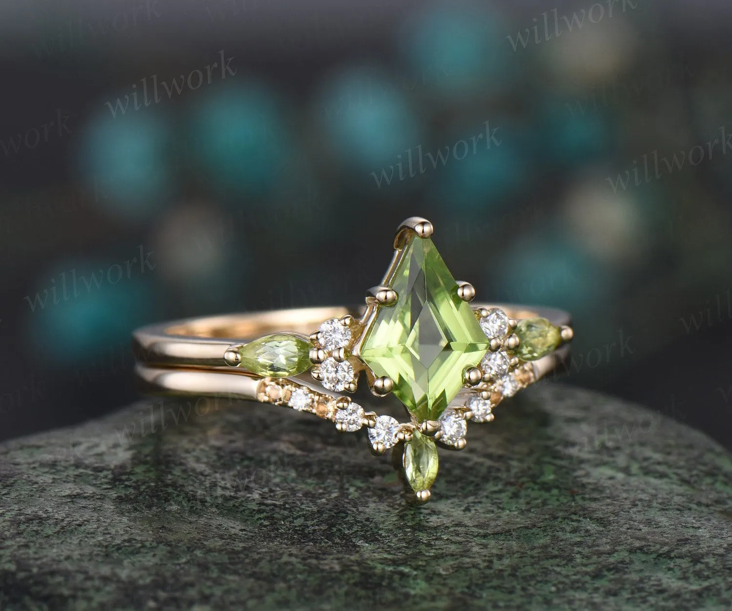 Kite cut peridot ring vintage yellow gold 6 prong unique engagement ring women moissanite citrine ring dainty anniversary ring set gift sold by Willwork Jewelry product image thumbnail 4