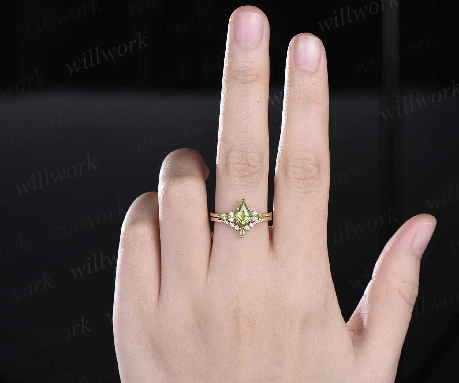 Kite cut peridot ring vintage yellow gold 6 prong unique engagement ring women moissanite citrine ring dainty anniversary ring set gift sold by Willwork Jewelry product image thumbnail 2