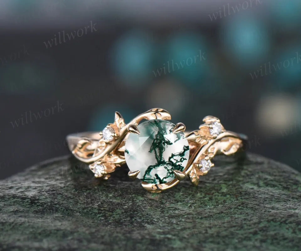Round cut green moss agate ring vintage yellow gold leaf nature inspired unique engagement ring five stone diamond bridal wedding ring women sold by Willwork Jewelry