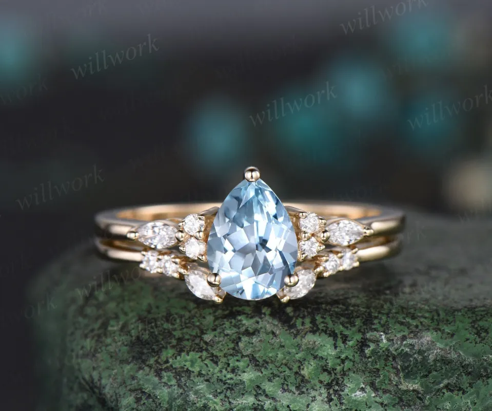 Pear shaped natural aquamarine engagement ring solid 14k 18k yellow gold marquise cut diamond ring women open gap wedding band jewelry sold by Willwork Jewelry