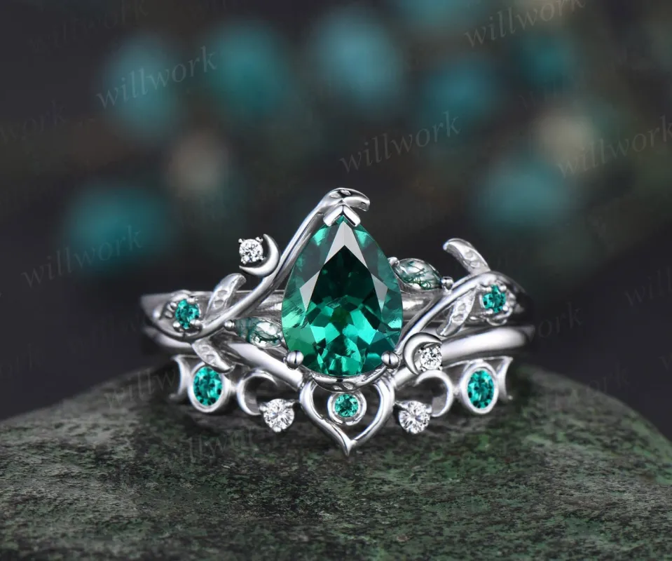 Pear shaped green emerald engagement ring white gold heart leaf moon nature inspired emerald bridal wedding ring set women jewelry gift sold by Willwork Jewelry