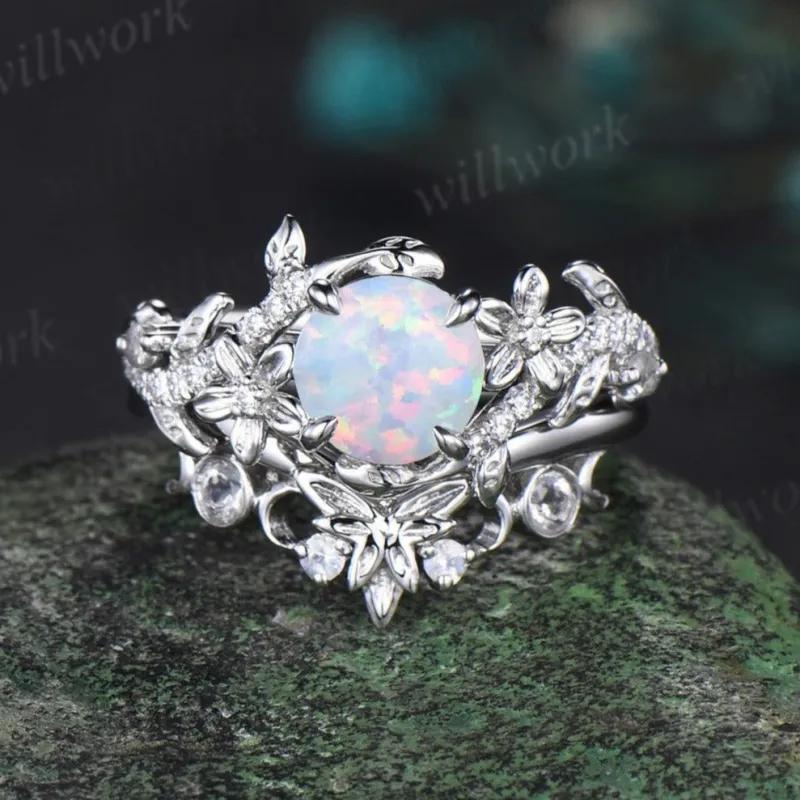 Vintage round cut Opal engagement ring set 14k rose gold snake and leaf dainty opal ring unique floral bridal wedding ring set women made by Willwork Jewelry
