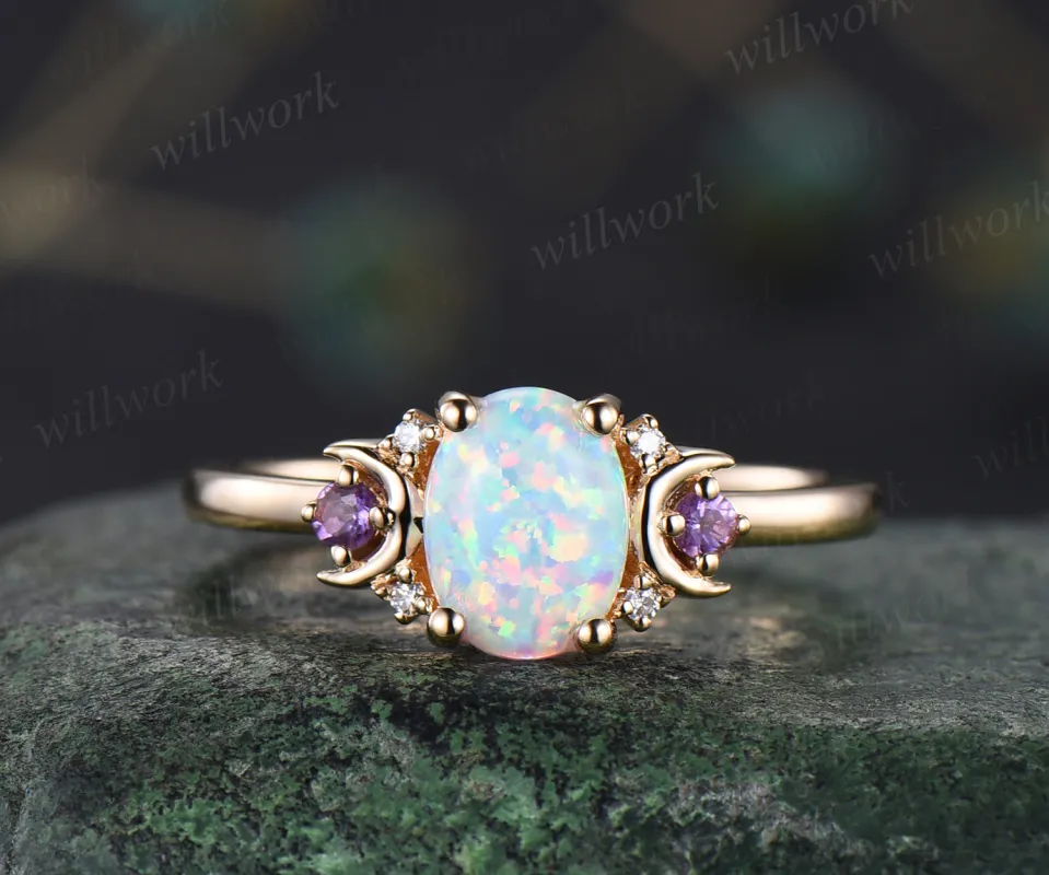 Oval white opal engagement ring retro moon amethyst moissanite deco ring 14k yellow gold unique crescent promise ring October birthstone jewelry gifts sold by Willwork Jewelry