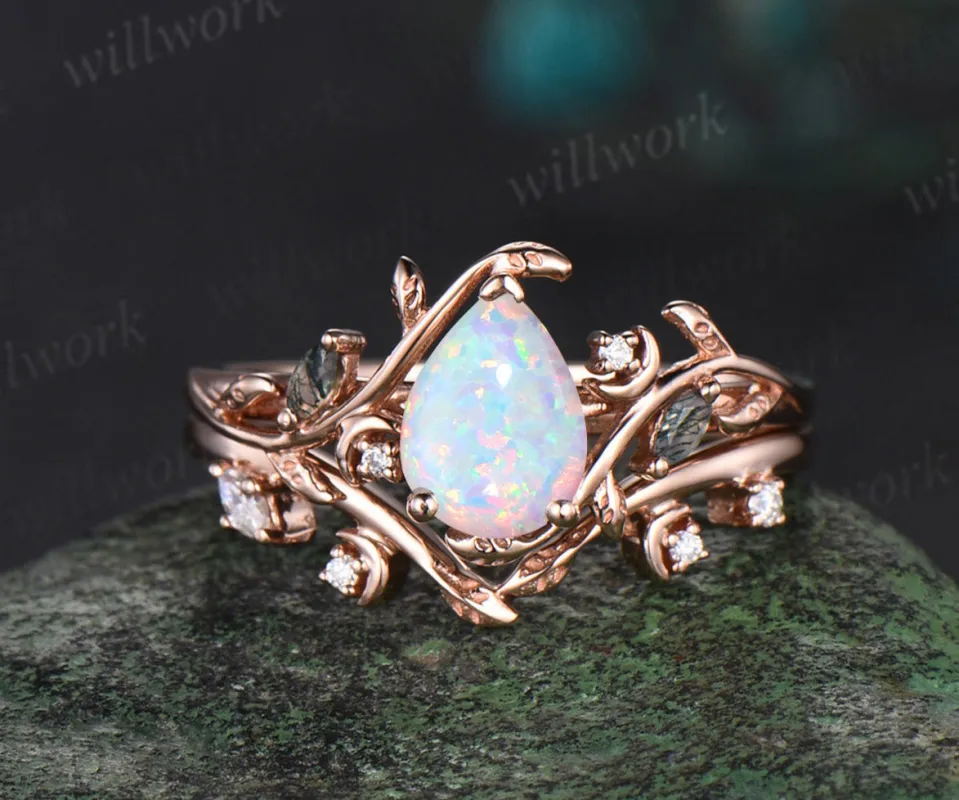 Vintage pear White Opal engagement ring rose gold art deco cluster leaf nature inspired bridal promise wedding ring set women sold by Willwork Jewelry