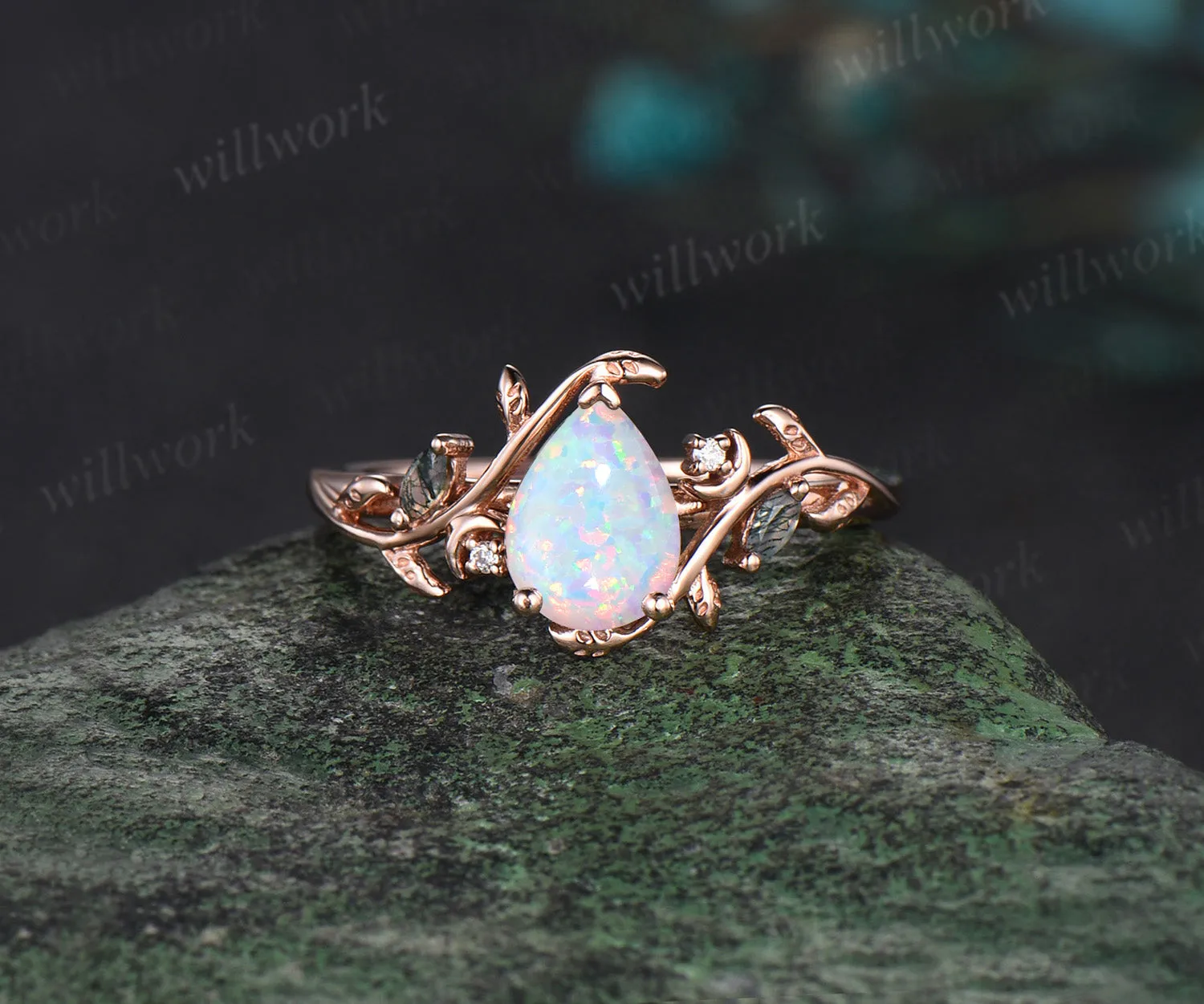 Vintage pear White Opal engagement ring rose gold art deco cluster leaf nature inspired bridal promise wedding ring set women sold by Willwork Jewelry product image thumbnail 4