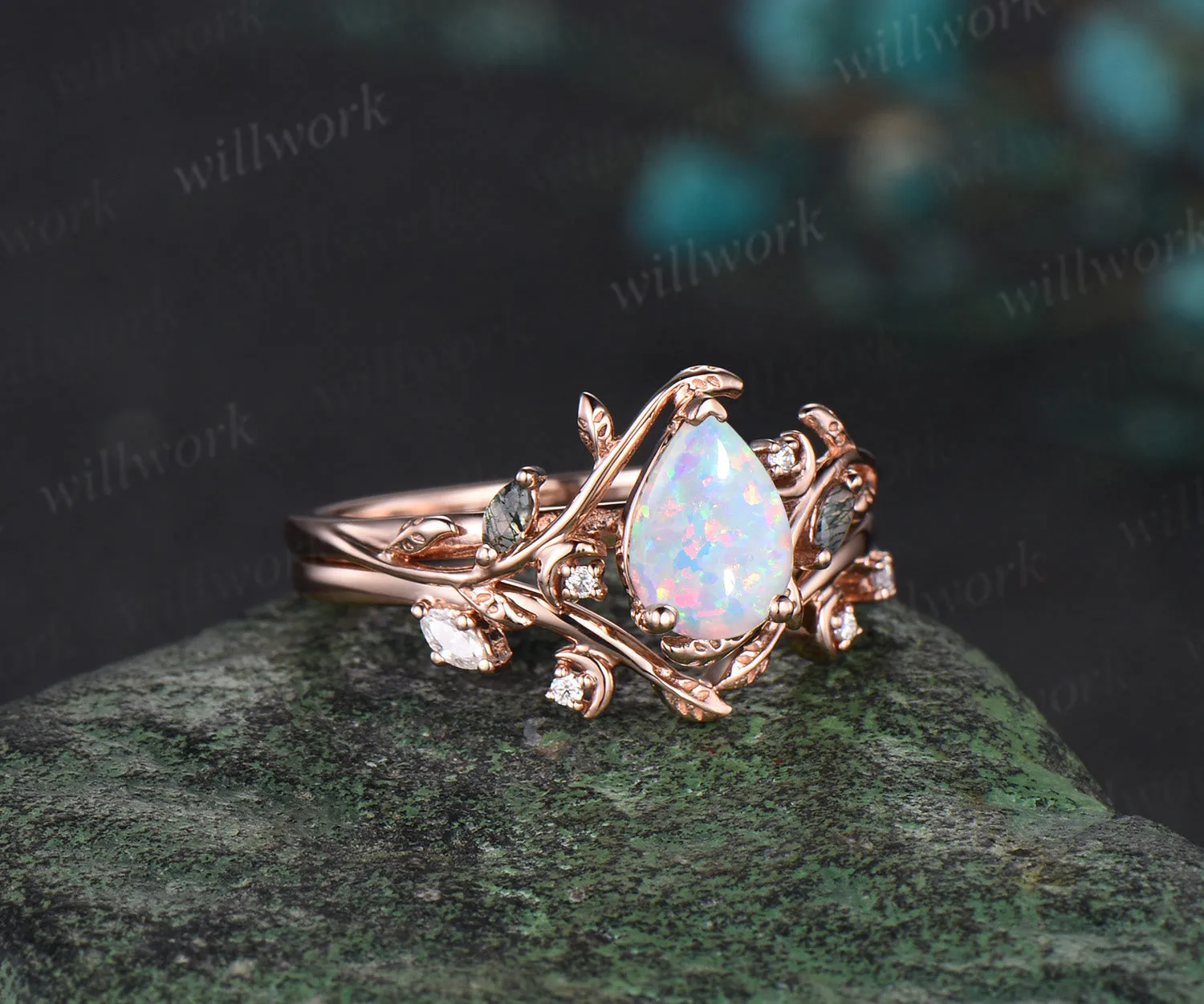 Vintage pear White Opal engagement ring rose gold art deco cluster leaf nature inspired bridal promise wedding ring set women sold by Willwork Jewelry product image thumbnail 3