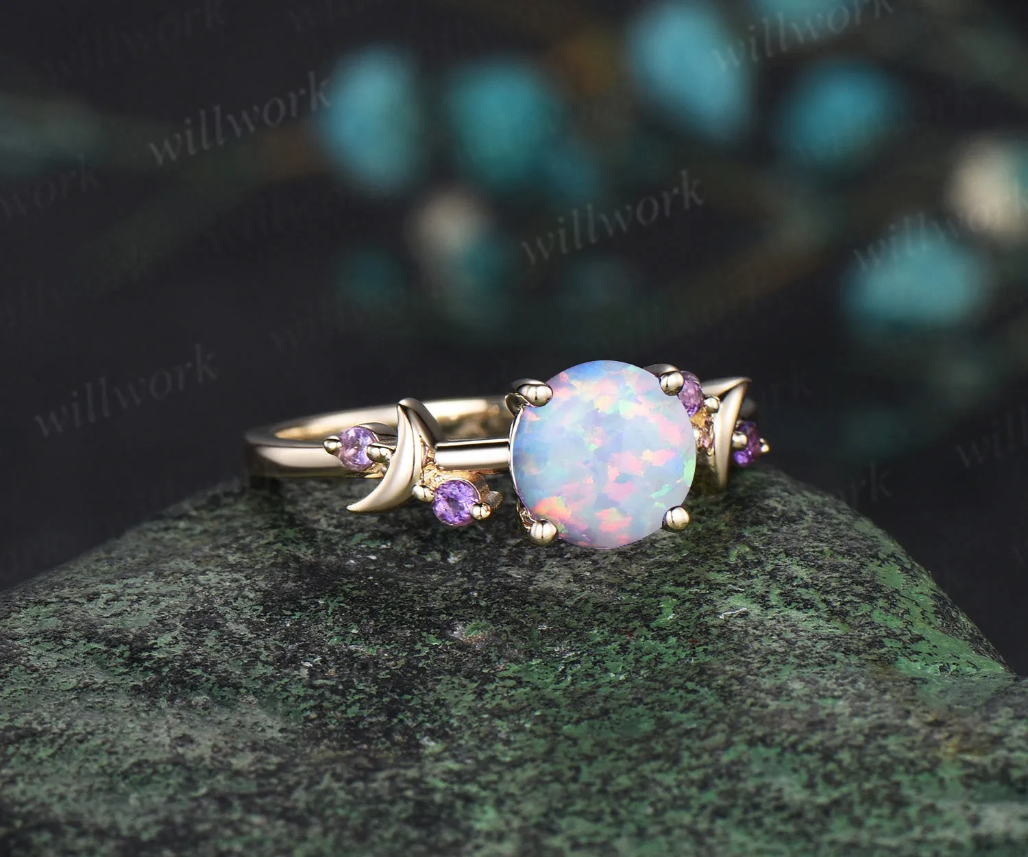 Round white opal engagement ring retro moon amethyst deco ring 14k yellow gold unique crescent promise ring October birthtone jewelry gifts sold by Willwork Jewelry product image thumbnail 3