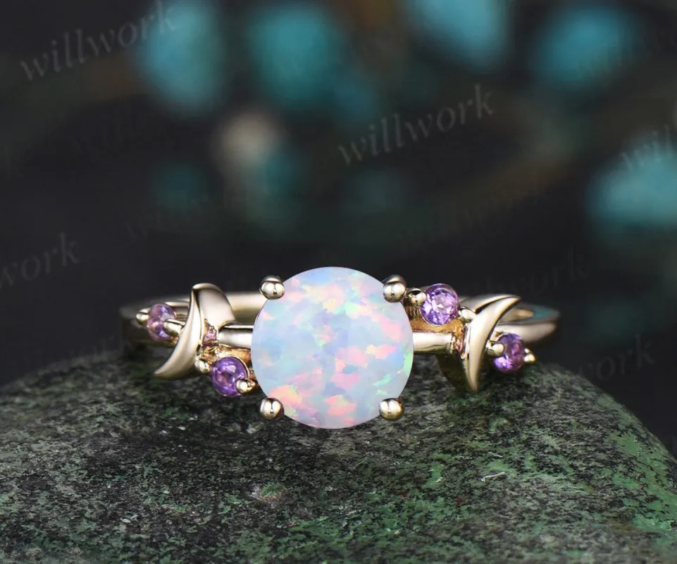 Round white opal engagement ring retro moon amethyst deco ring 14k yellow gold unique crescent promise ring October birthtone jewelry gifts sold by Willwork Jewelry