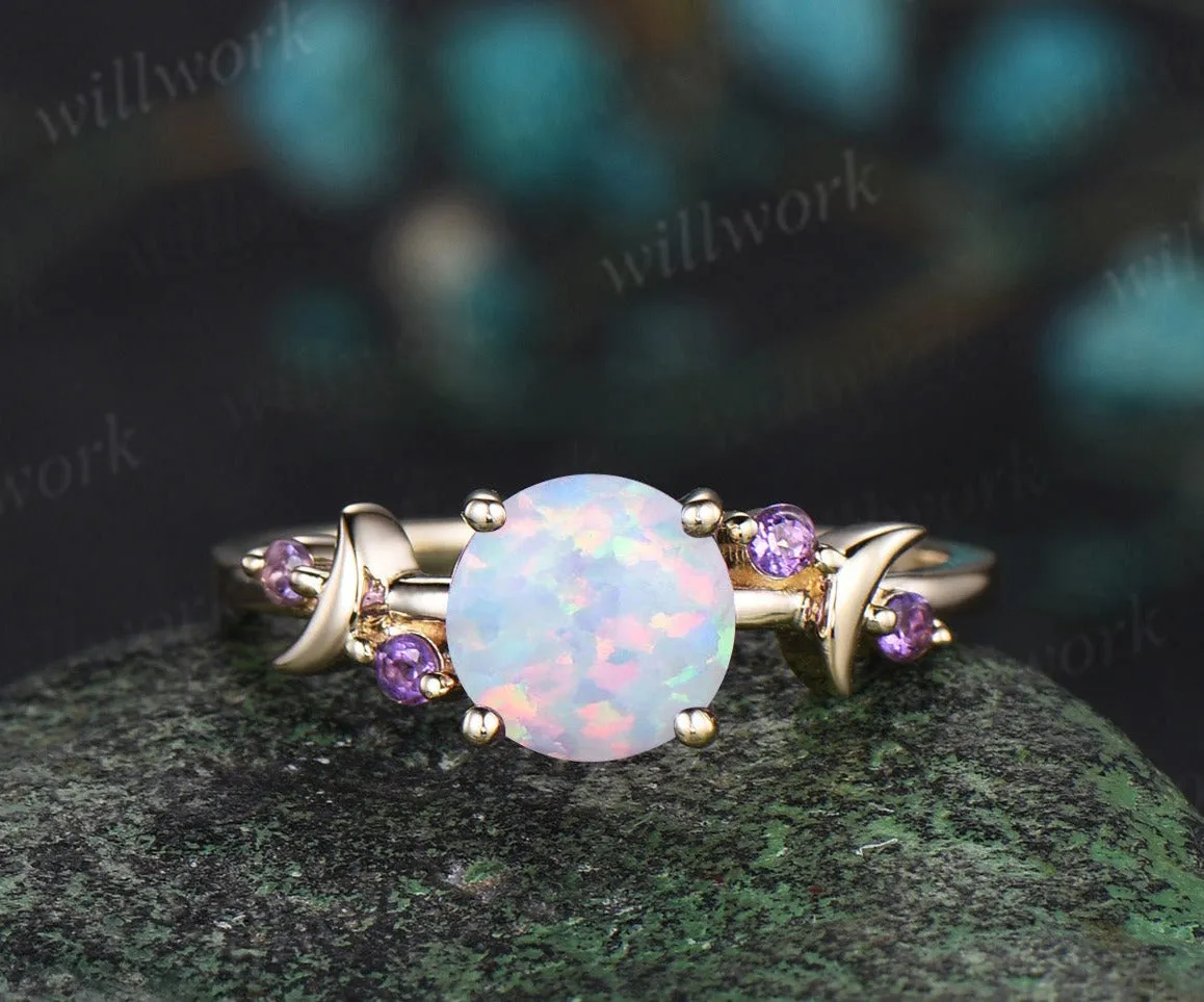 Round white opal engagement ring retro moon amethyst deco ring 14k yellow gold unique crescent promise ring October birthtone jewelry gifts sold by Willwork Jewelry