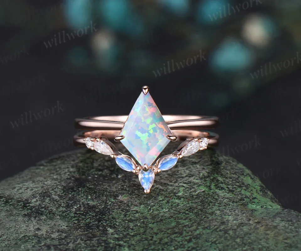 Vintage Opal engagement ring set kite cut ring rose gold art deco marquise cut moonstone ring moissanite wedding ring set for women sold by Willwork Jewelry
