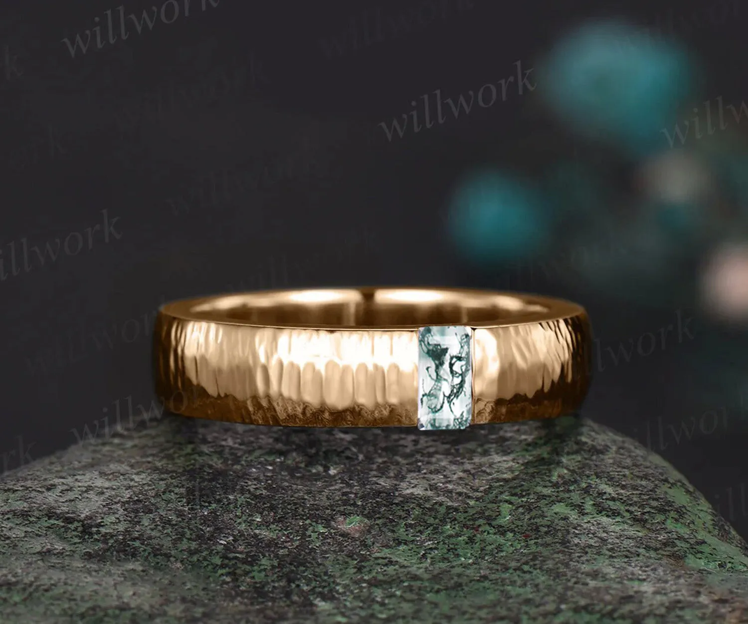 14k rose gold wedding band green moss agate men's ring gift for him anniversary gift sold by Willwork Jewelry product image thumbnail 4