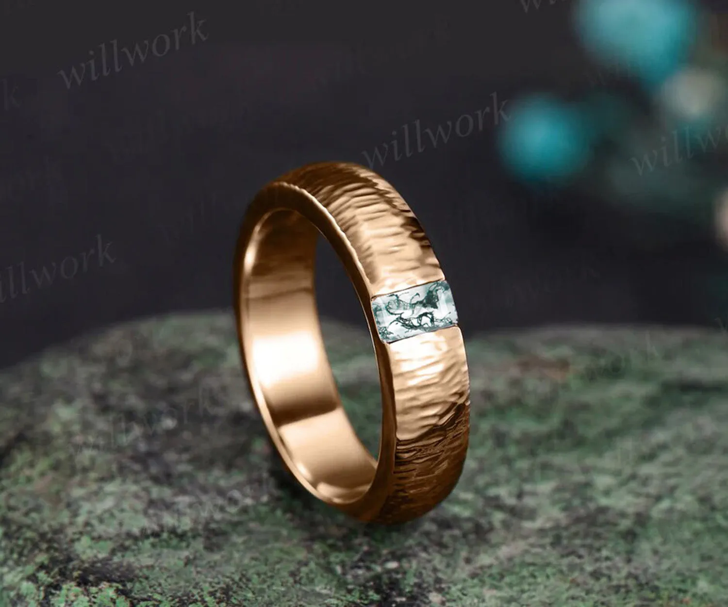 14k rose gold wedding band green moss agate men's ring gift for him anniversary gift sold by Willwork Jewelry product image thumbnail 3