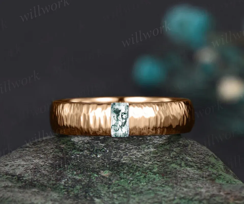 14k rose gold wedding band green moss agate men's ring gift for him anniversary gift sold by Willwork Jewelry
