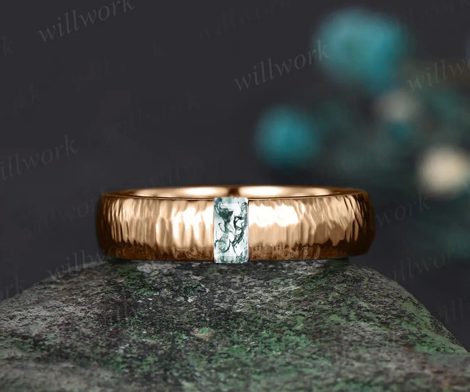 14k rose gold wedding band green moss agate men's ring gift for him anniversary gift sold by Willwork Jewelry