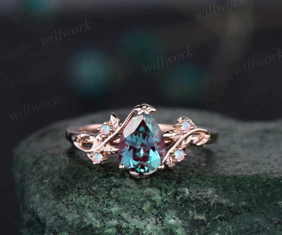 Pear shaped alexandrite engagement ring solid 14k rose gold leaf branch five stone opal ring women unique wedding anniversary ring gift sold by Willwork Jewelry