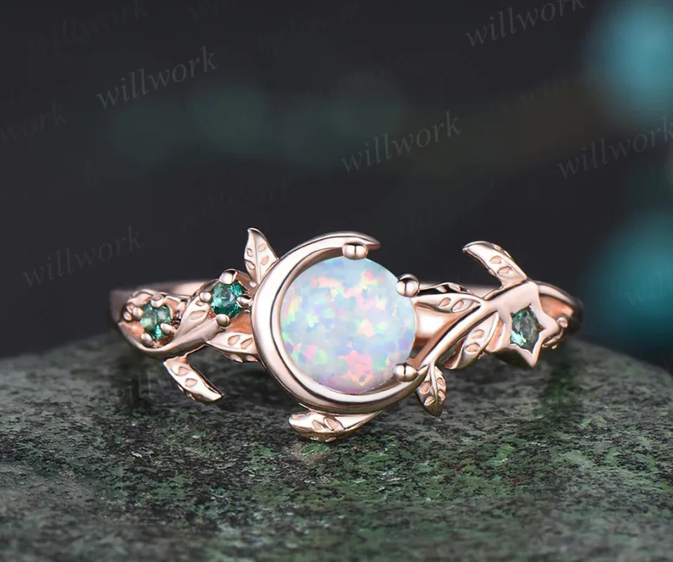 Art Deco Round Cut white Opal Bridal Ring Unique Emerald Leaf Moon Star Nature Inspired Engagement Ring 14k Rose Gold Promise Gift sold by Willwork Jewelry