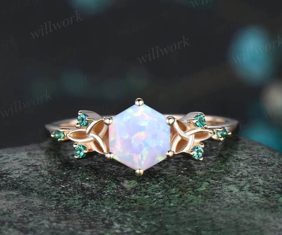 Hexagon Cut Opal Engagement Ring October birthstone Celtic Knot Wedding Ring Emerald Seven Stone Bridal Ring made by Willwork Jewelry