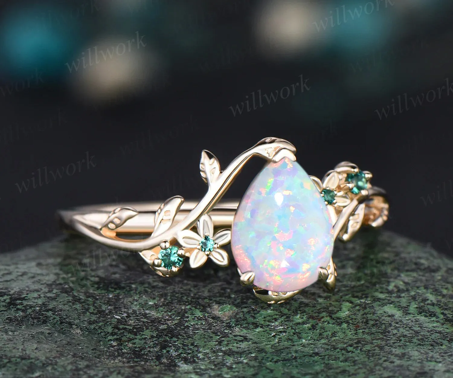 October birthstone Pear Cut Emerald Engagement Ring Unique Leaf Flower Vine Twig Branch Nature Inspired Wedding Ring 14k Yellow Gold Bridal Ring sold by Willwork Jewelry product image thumbnail 3