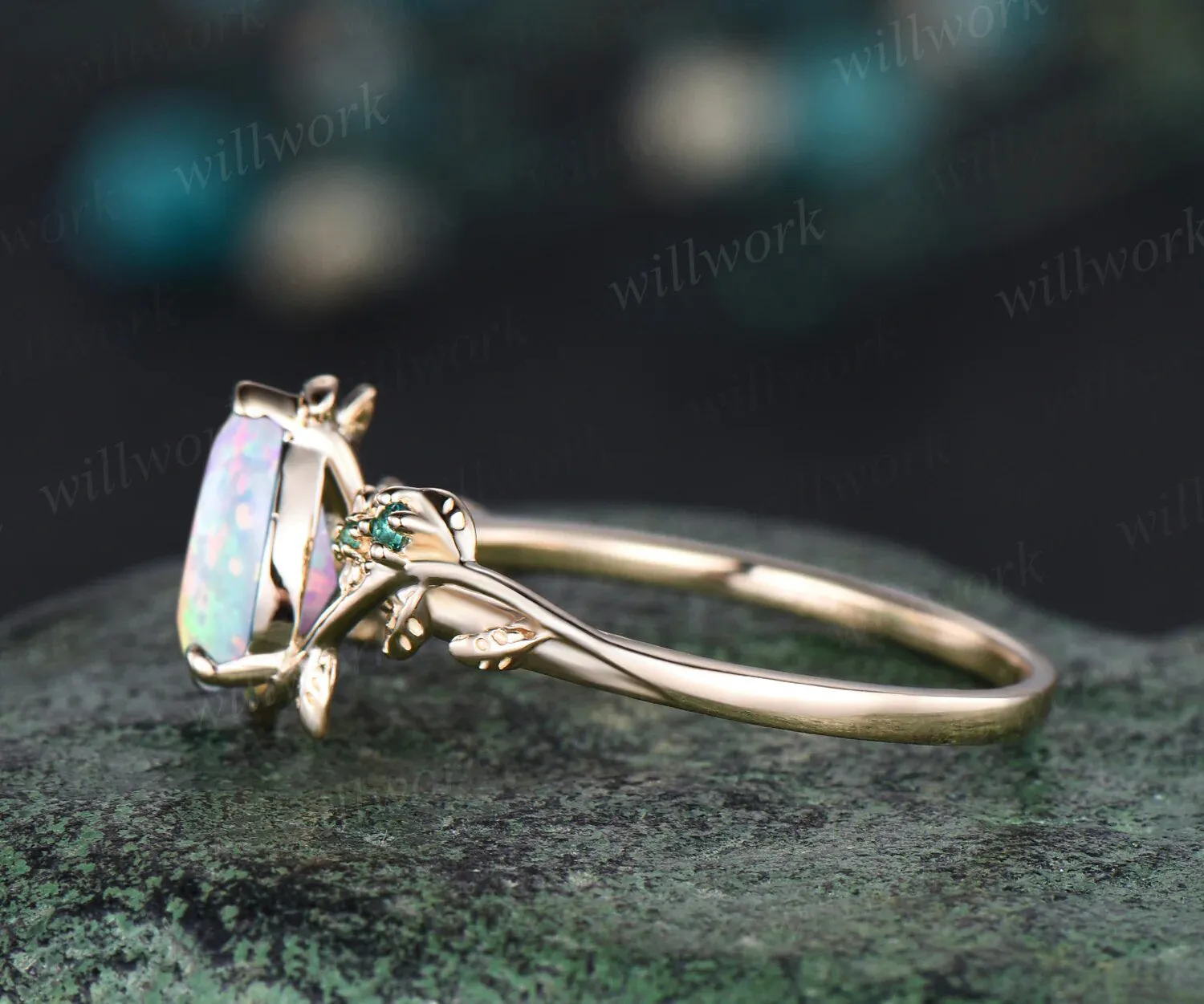 October birthstone Pear Cut Emerald Engagement Ring Unique Leaf Flower Vine Twig Branch Nature Inspired Wedding Ring 14k Yellow Gold Bridal Ring sold by Willwork Jewelry product image thumbnail 4