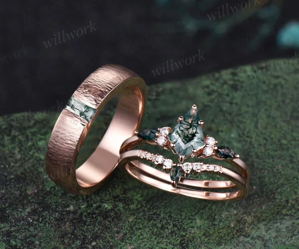 Captivating Moss Agate Kite Ring Set | Refined baguette Moss Agate Men's Ring 14K rose gold couple set jewellery Perfect for Valentine's Day Gifts and Thoughtful Presents for Her sold by Willwork Jewelry