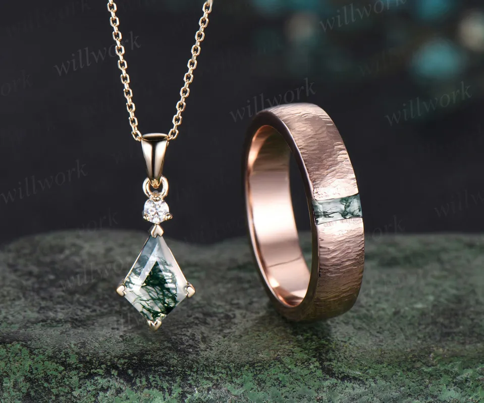 Enchanting Moss Agate Kite Pendant & Masculine Baguette Ring 14K rose gold jewelry set Valentine's Day Exclusive Gift for Lovers made by Willwork Jewelry