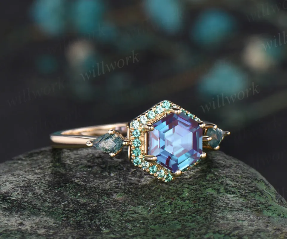 Hexagon Cut color changed Alexandrite Engagement Ring halo emerald ring kite moss agate wedding ring women gift For Her sold by Willwork Jewelry