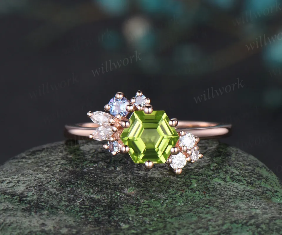 14k rose gold Hexagon Cut August Birthstone Natural Peridot Engagement Ring Goldfish Ring For Her sold by Willwork Jewelry
