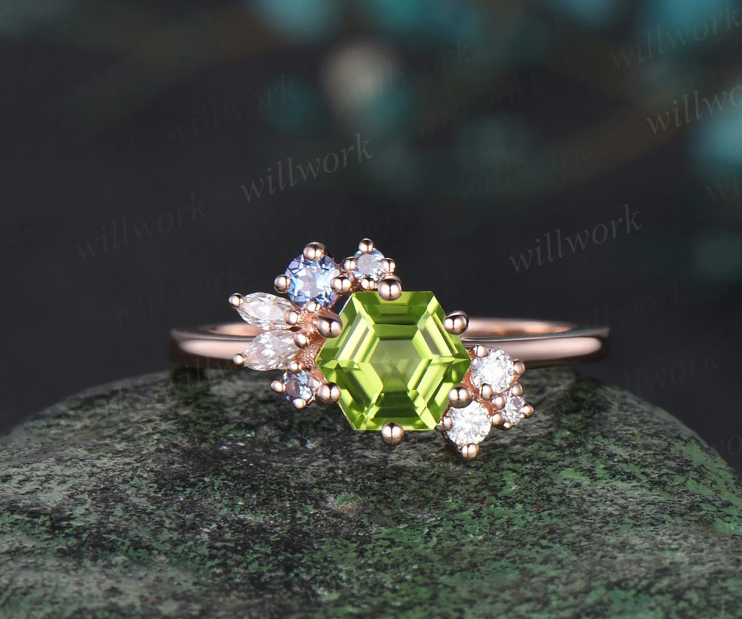 14k rose gold Hexagon Cut August Birthstone Natural Peridot Engagement Ring Goldfish Ring For Her sold by Willwork Jewelry