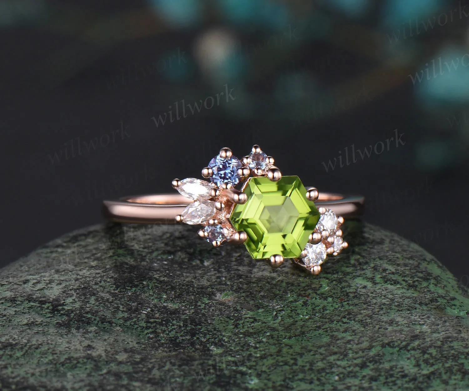 14k rose gold Hexagon Cut August Birthstone Natural Peridot Engagement Ring Goldfish Ring For Her sold by Willwork Jewelry product image thumbnail 3