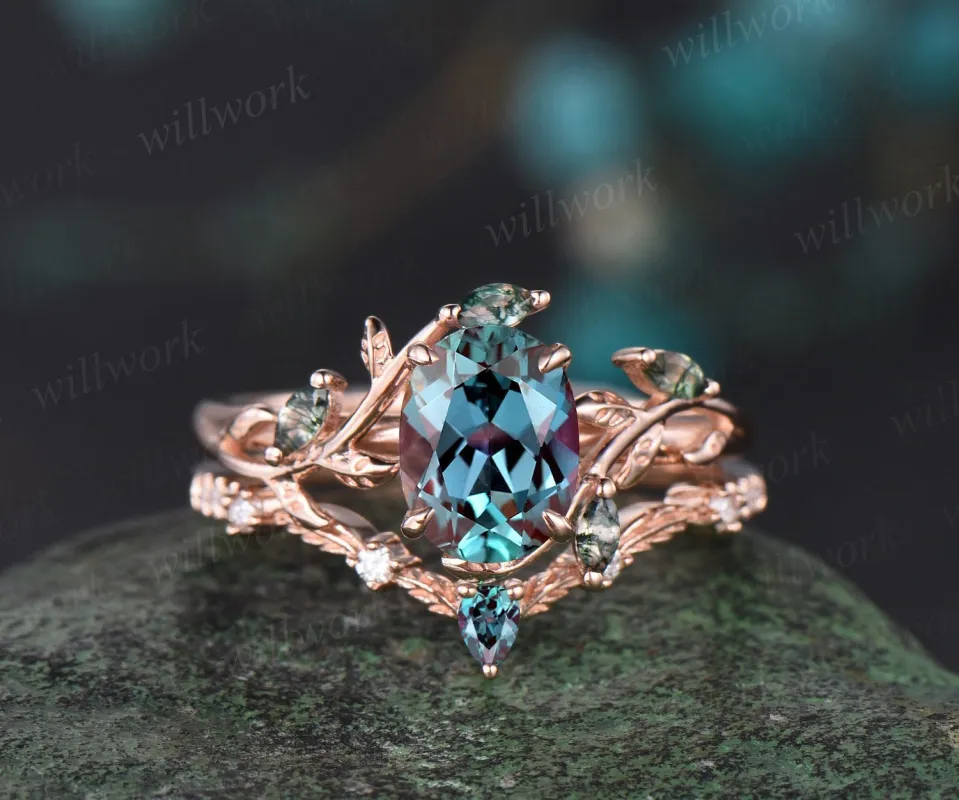 Vintage oval cut alexandrite engagement ring solid 14k rose gold art deco cluster leaf nature inspired bridal promise wedding ring set women sold by Willwork Jewelry